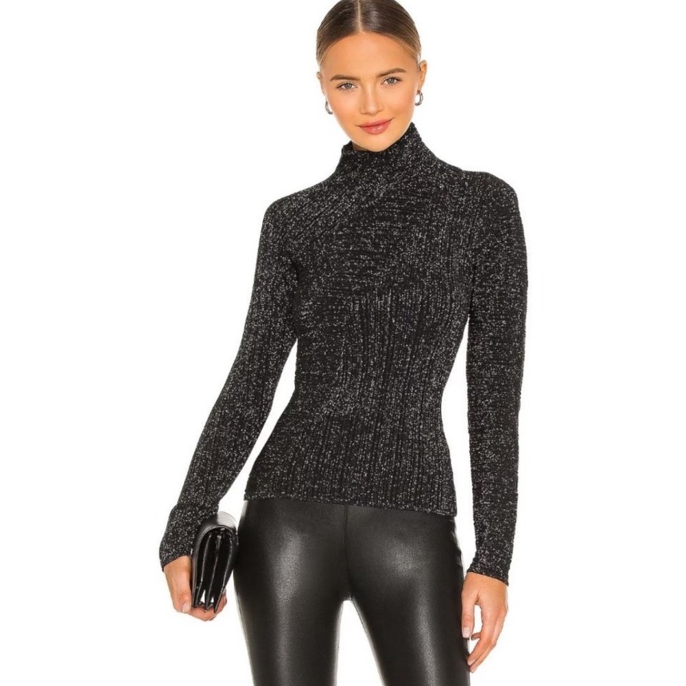 Rag & Bone Mae Mock Neck Metallic Ribbed Asymmetrical Sweater Black Glitter Med